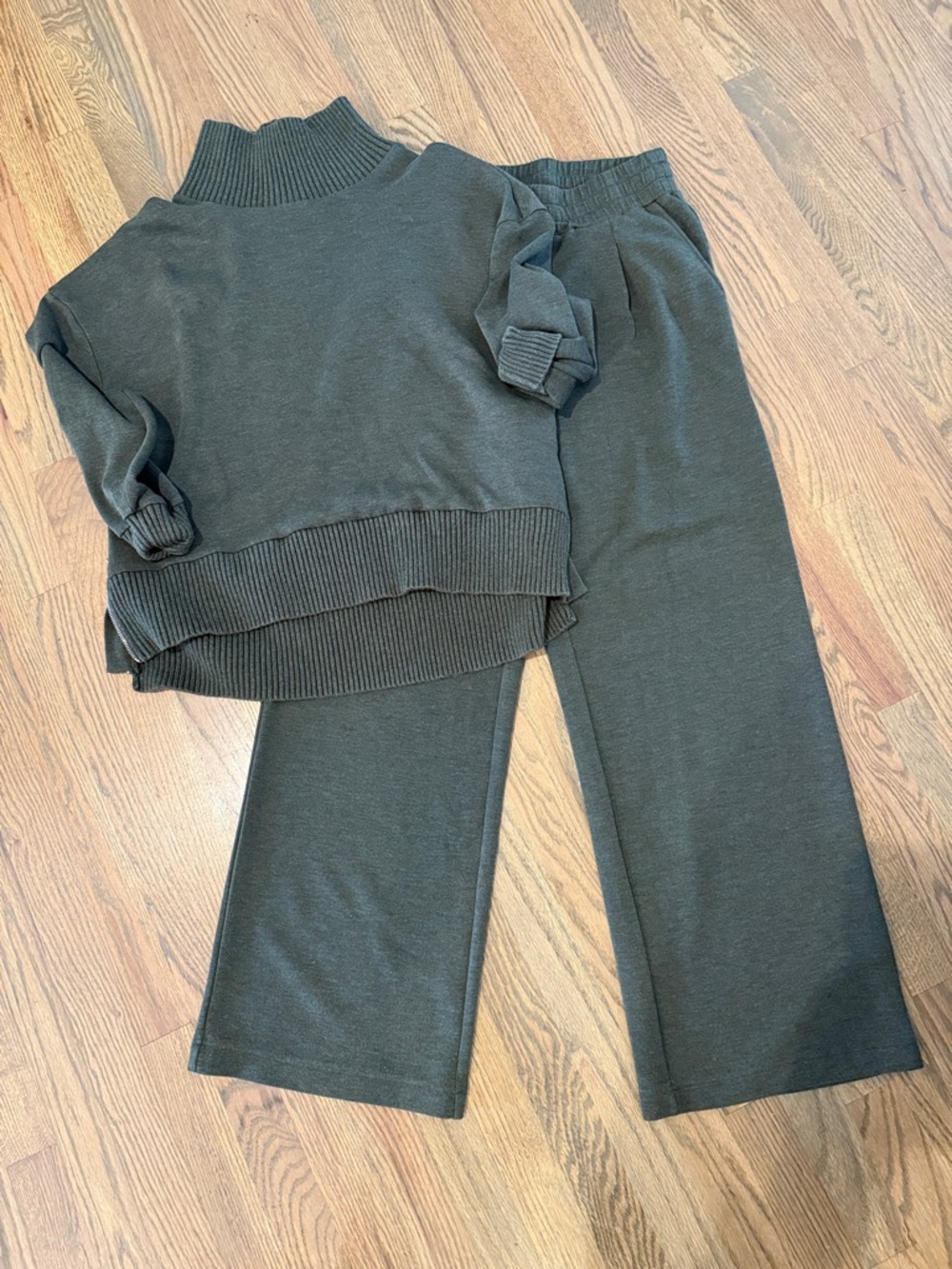 Varley Barker High Neck Sweat and The Extra Wide Leg Pant in Olive Marl